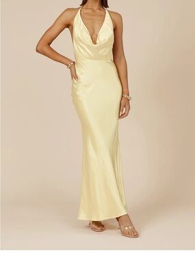 Satin Halter Cowl Maxi Dress in Pale Yellow